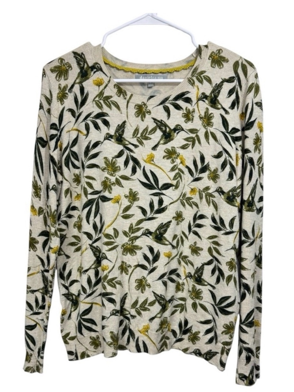 Daniel Rainn Cream Sweater with Green and Yellow Floral Hummingbird Print